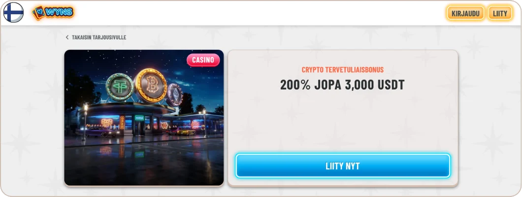 Wyns Casino kryptobonus 200% jopa 3000 USDT