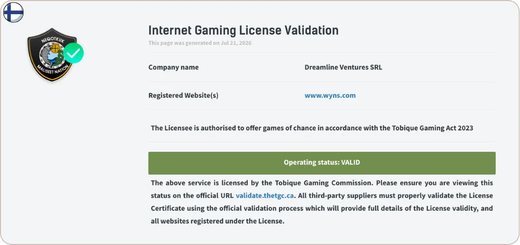 Casino Wyns toimilupa Tobique Gaming Commission ja SSL-salaus