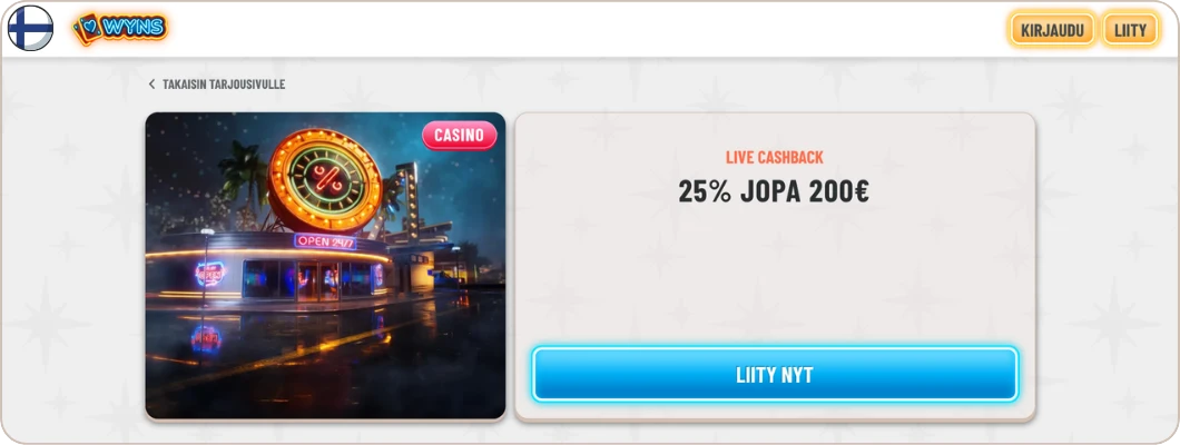 Wyns Casino live cashback 25% jopa 200€ viikossa