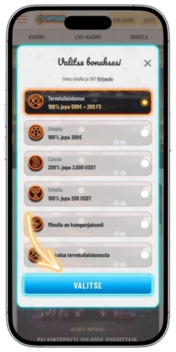 Wyns Casino bonuksen valinta rekisteröitymisen yhteydessä