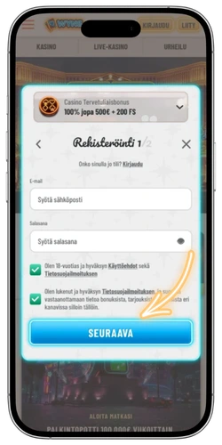 Wyns Casino sähköpostin ja salasanan syöttäminen rekisteröintilomakkeessa