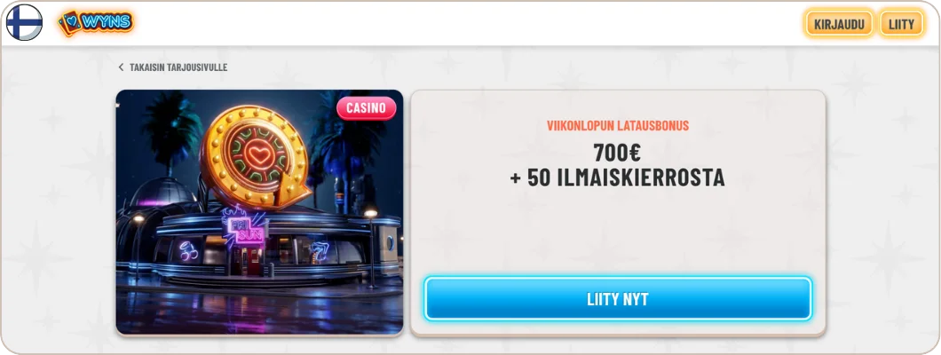 Wyns Casino viikonlopun latausbonus 700€ ja ilmaiskierrokset