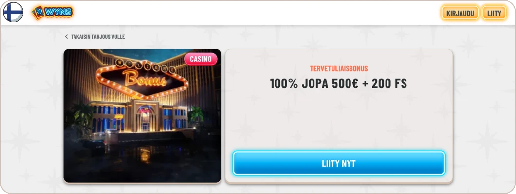 Wyns Casino tervetuliaisbonus 100% jopa 500€ ja ilmaiskierrokset